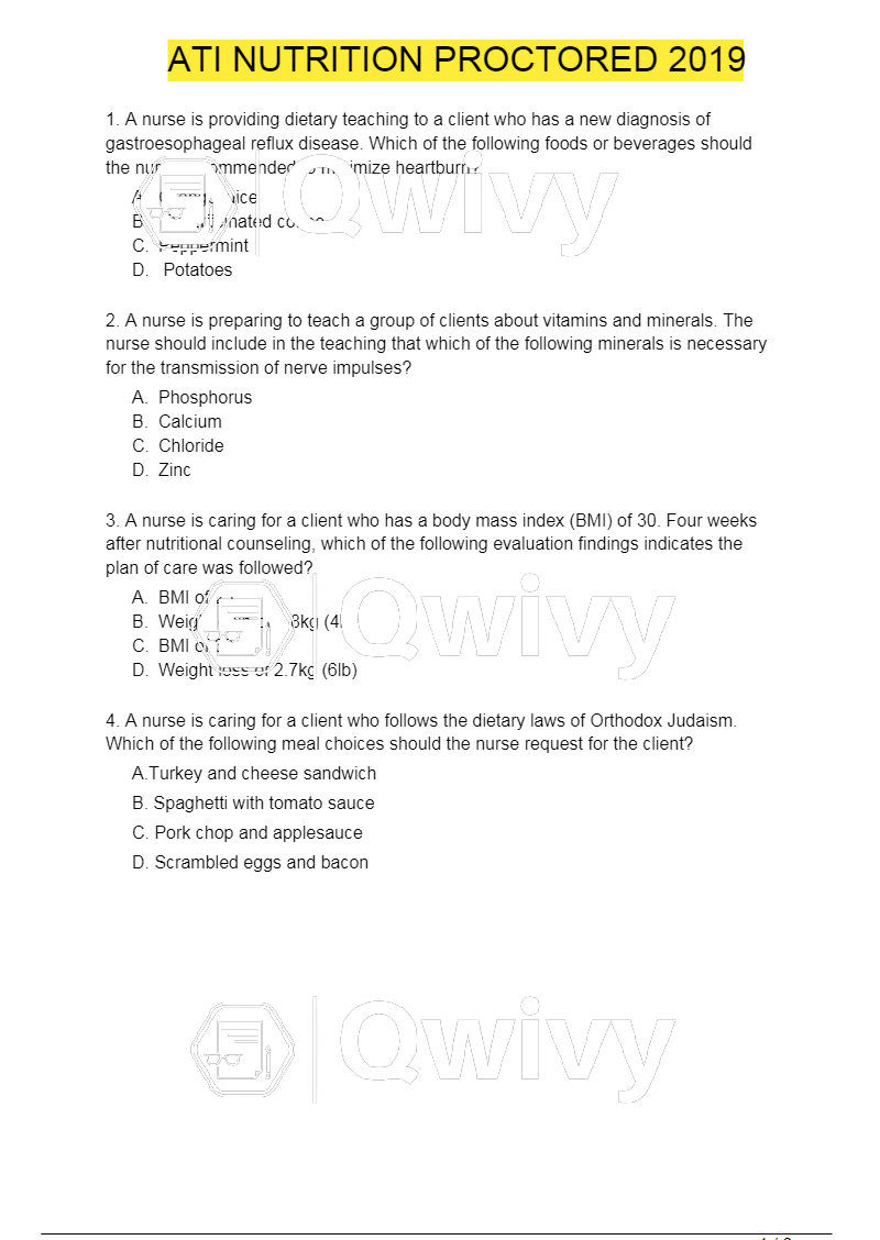 ATI NUTRITION PROCTORED EXAM 2019. QUESTIONS WITH VERIFIED ANSWERS.