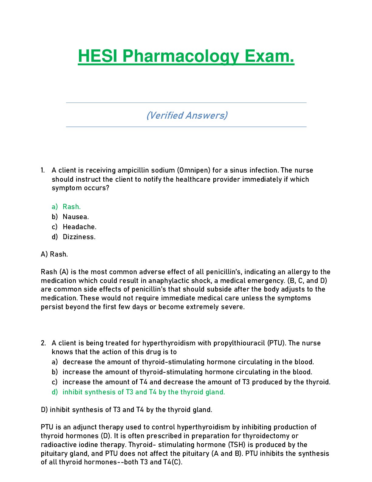 HESI Pharmacology Exam latest 2021/2022 (Verified Answers)